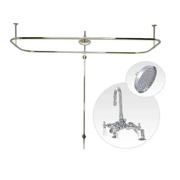 Chrome Side Deck Mount Clawfoot Tub Enclosure, Bathroom Shower Equipment with Gooseneck Faucet and Rain Head