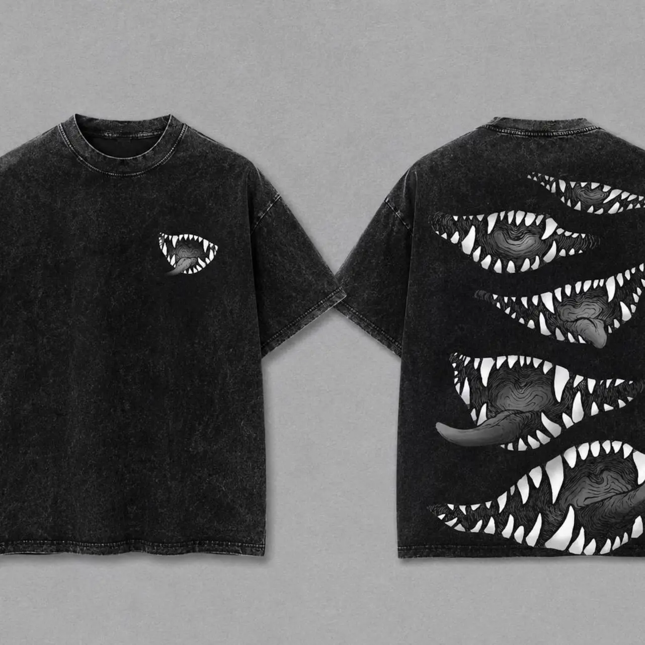 Eldritch Jaws Graphic Shirt, Vintage Monster Mouth Double Sided Tee, Gothic Monster Teeth Apparel, Black Wash Opium Core Grunge Gear PZK