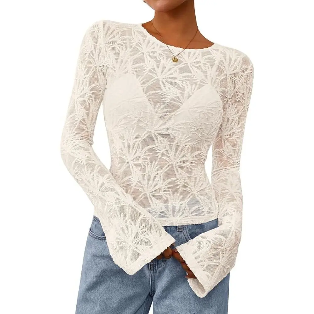 PrettyGarden Womens' Lace  Tops Long Bell Sleeve Spring& Fall Shirt Sexy See Through Sheer Floral Blouse Shirts Fitted Going Out Outfits