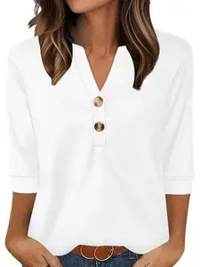 Women's 3/4 Roll Tab Sleeve Tops V Neck Henley Tunic Shirts Casual Flowy Blouse for Leggings Plus Size (S-3XL)