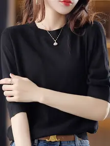 Women's Knitwear Knitted Sweater Round Neck Medium Sleeve Spring Autumn New Vintage Elegant Top Half-Sleeve Base Layer