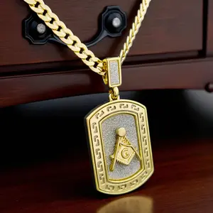 Masonic Freemason Dog Tag Glittered Pendant & 14K Stamped Brass 6mm 20" 24" Cuban Chain Necklace Hip Hop Celebrity Style Daily Wear