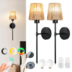 Battery Powered Wall Sconce Set of 2 | Rechargeable Dimmable 15 Color LED Light with Remote Linen Shade Modern Style Bathroom & Living Room Semi Flush Mount lights lamp lights for bedroom night light lamps for bedroom lights lamp lights for bedroom