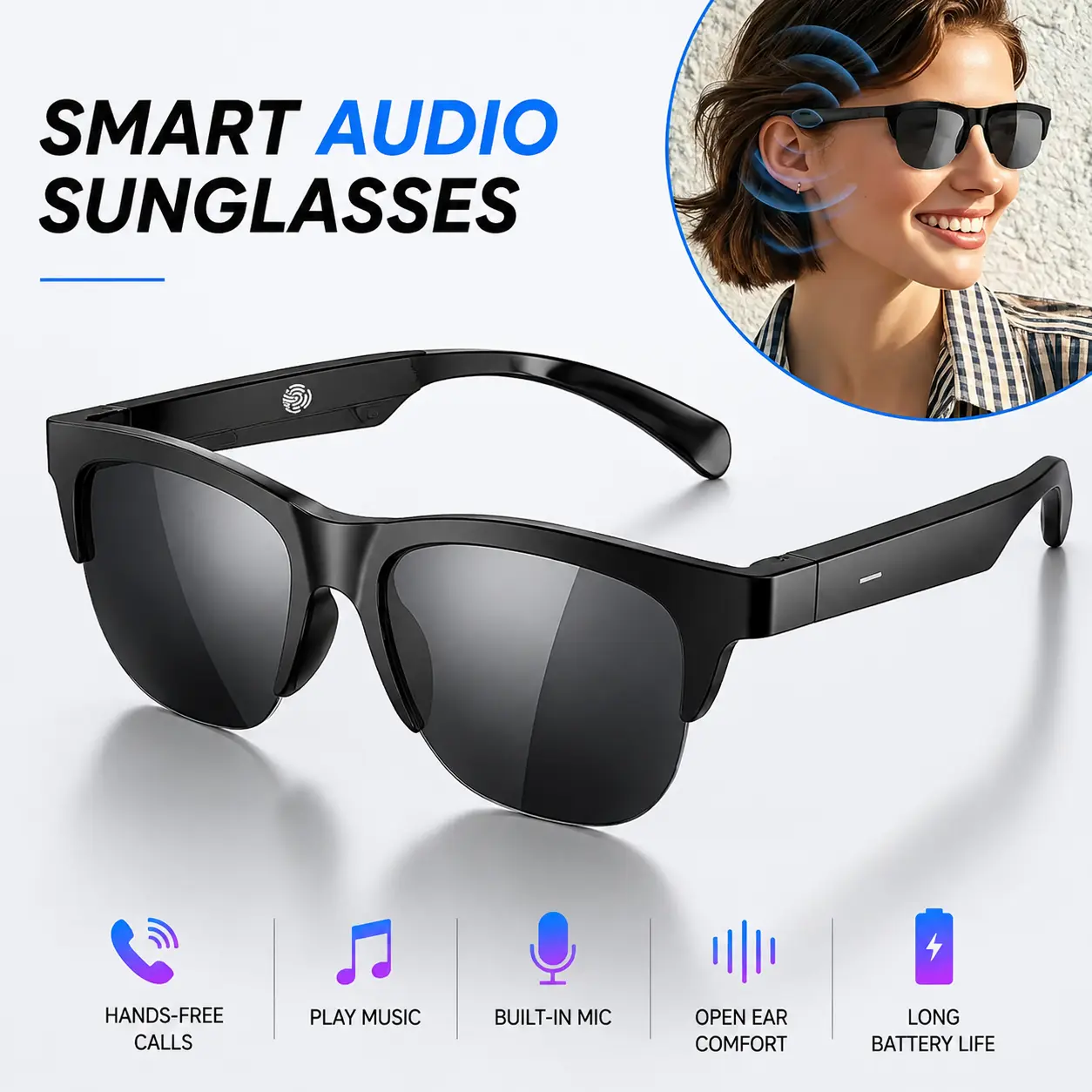 Bluetooth Music Sunglasses, Open Ear Audio Glasses with Built-in Speakers & Hands-Free Calls, Stylish Outdoor Eyewear for Driving, Walking, Travel and Beach