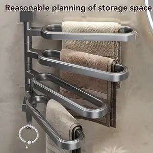 Towel Rack Bathroom Wall Mounted Towel Rack with Loofah Hook, Space Saving Towel Holder Organizer Anti-Mold, Towel Bar 180° Rotation 4 Arms Towel Racks for Bathroom, High-Strength Plastic