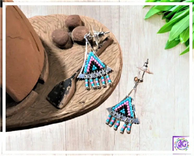 Pink Silver Beaded Triangle Earrings - Geometric Dangle Earrings - Boho Chic Handmade Jewelry