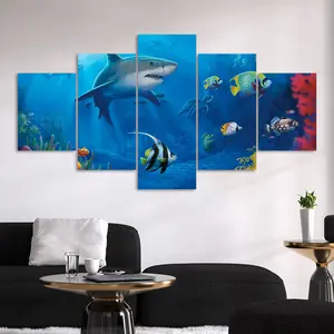 5 Counts Unframed Canvas Poster, Unframed Art Print, Underwater Ocean Life Sharks Fish Sea Turtle Seahorse Poster, Modern Home Decor, Modern Art, Family Poster, Odorless, Waterproof, Artwork