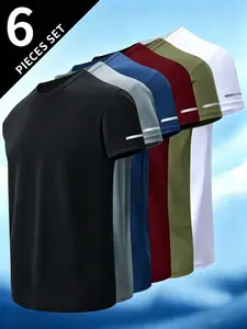6-Pack Men's Short Sleeve Sportswear, Round Neck Sporty T Shirt, Running Fitness Breathable Quick-Dry Top, Casual Athletic Wear, Running Training Tops