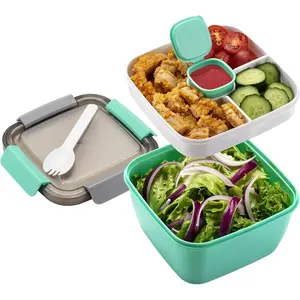 Green 52 oz Stackable Salad Container | 3-Compartment Bento with Sauce Cup | Leak-Proof Airtight Lid + Fork, BPA-Free