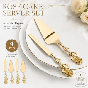 4Pcs Gold Wedding Cake Knife and Server Set – Vintage Rose Cake Cutter & Spatula for Birthday, Party, Anniversary – All-in-One for Cake, Pie, Pizza
