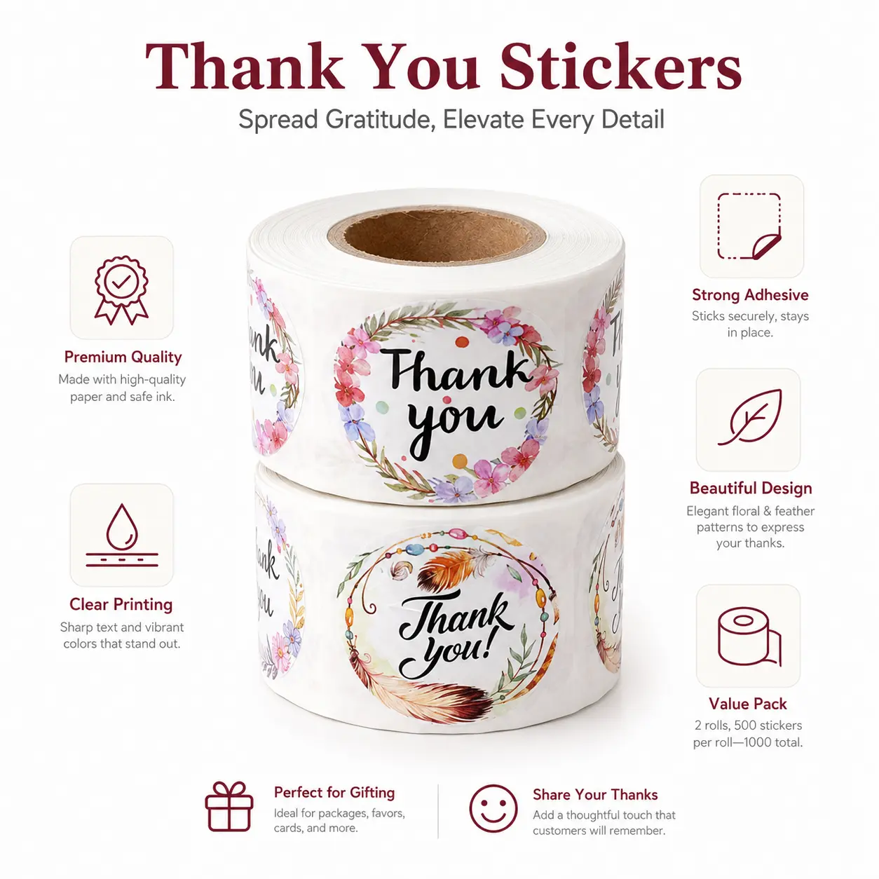 1000Pcs Paper Thank You Stickers Roll - 4 Designs per Roll, Floral Round Self-Adhesive Seal Labels for Business Packaging, Envelopes