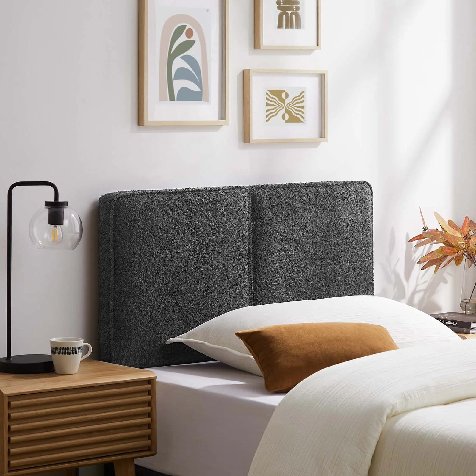 Modway Lindee Boucle Fabric Twin Headboard, Unique Bedroom Indoor Furniture in Slate, Unique Bedroom Furniture