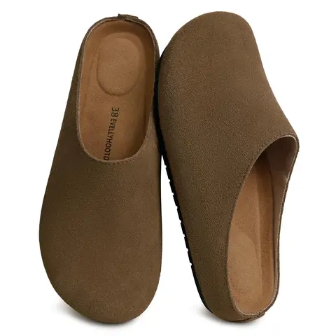 EVELLYHOOTD Women's French Style Genuine Suede barefoot Slip on Round Toe Cork Footbed Clogs Fashion Suede Potato Shoes Outdoor Vintage Comfort Walking Shoes Slippers Classic Footwear,outdoorfun