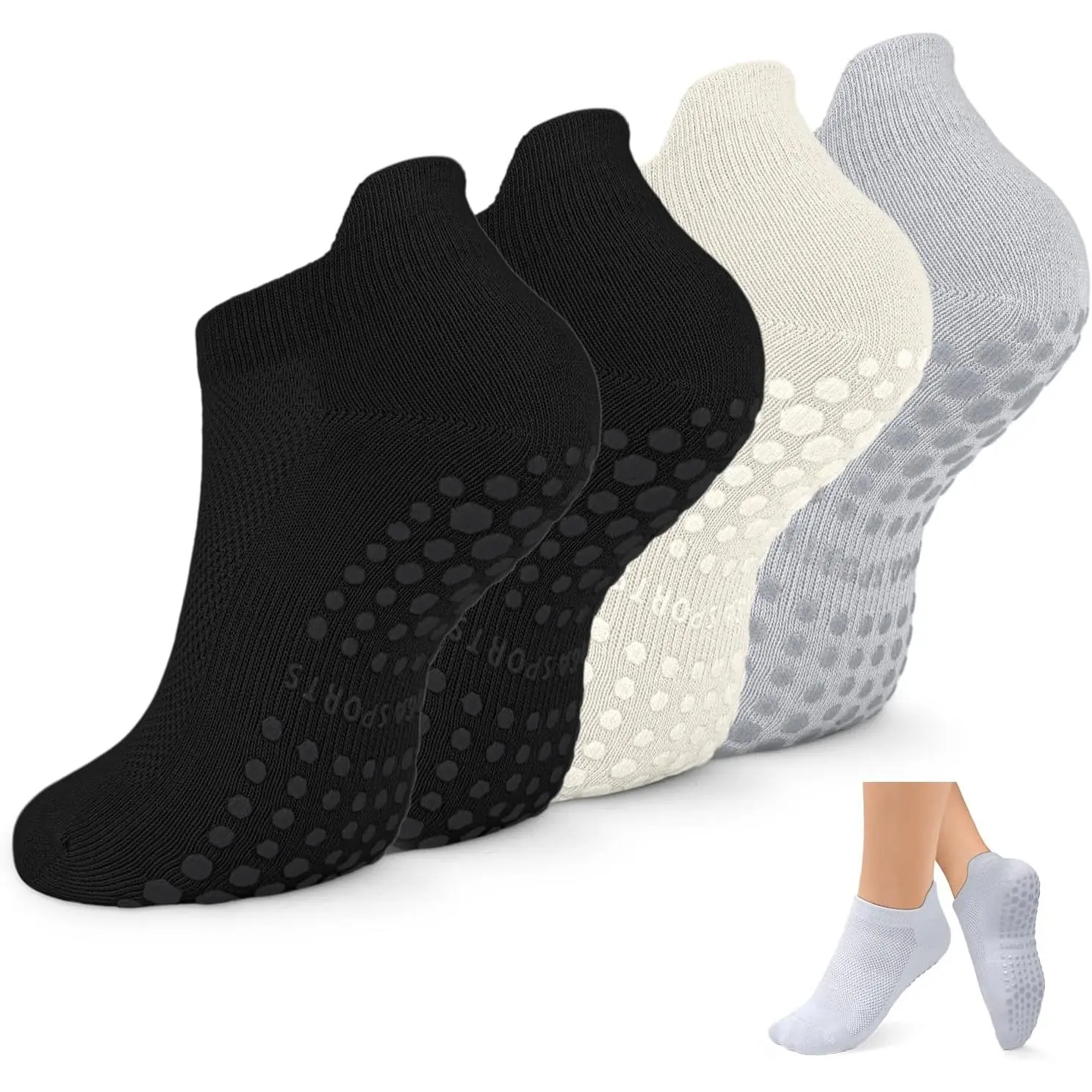 4 pairs Non Slip Pilates Socks with Grips for Women, Yoga Socks For Pure Barre Athletic Socks Light and breathable