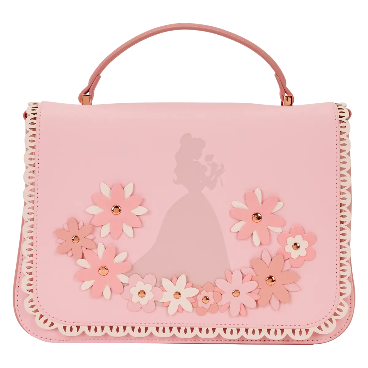 Loungefly Disney Princess Belle Floral Embossed Handbag, Faux Leather Crossbody Purse with 3D Flowers & Satin Bow, Flap Crossbody Purse, Satin Bow Charm