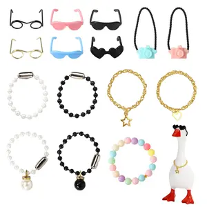 7in Desk Goose Outfits 15pcs , Mini Porch Goose Accessories with Sunglasses Camera Pendant Necklaces Collar Heart Star Gold Chain Fun Clothes Costume Set for Magnetic Table Geese Statue Decor
