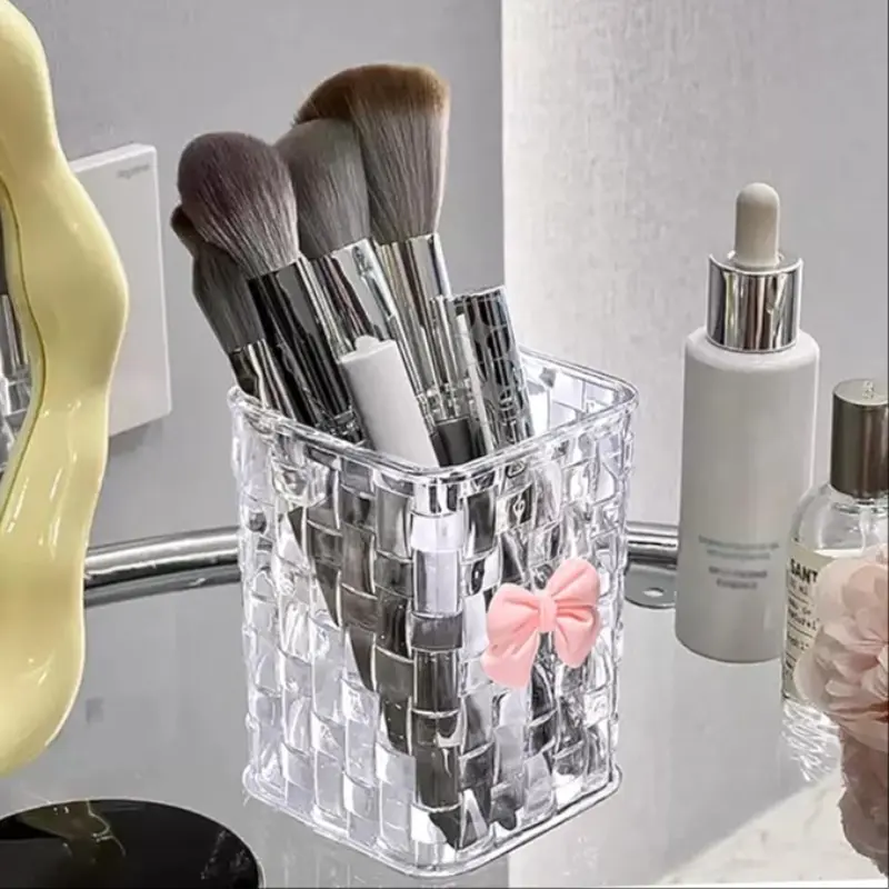 Transparent Acrylic Makeup Brush Holder, Cute Bow Pen Pot, Desktop Organizer, Clear Makeup Organizer, Desk Accessories for Office School Home Use, Beauty Supplies Organizer, Cosmetic Organizers, Cosmetics Organizer Storage