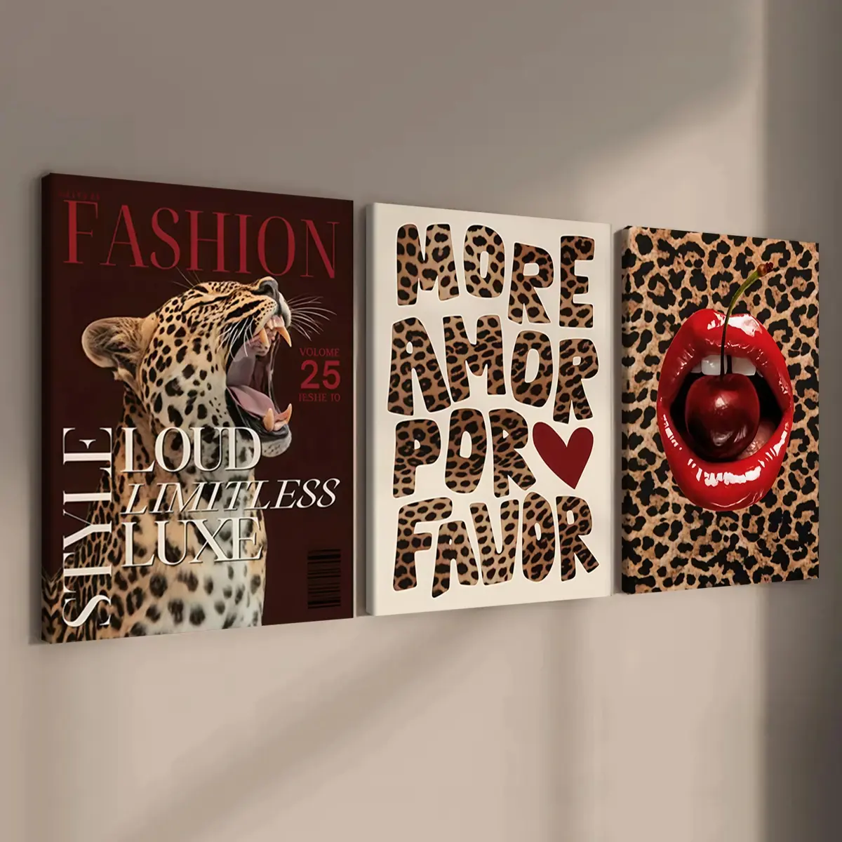 3 count wooden frame canvas, leopard print style Trendy play posters, animal art, vintage decor, Stylish bedroom Decor, Modern Art Home Decor, Living Room and hallway wall Decor, HD, waterproof, Art, Leopard Camouflage Print