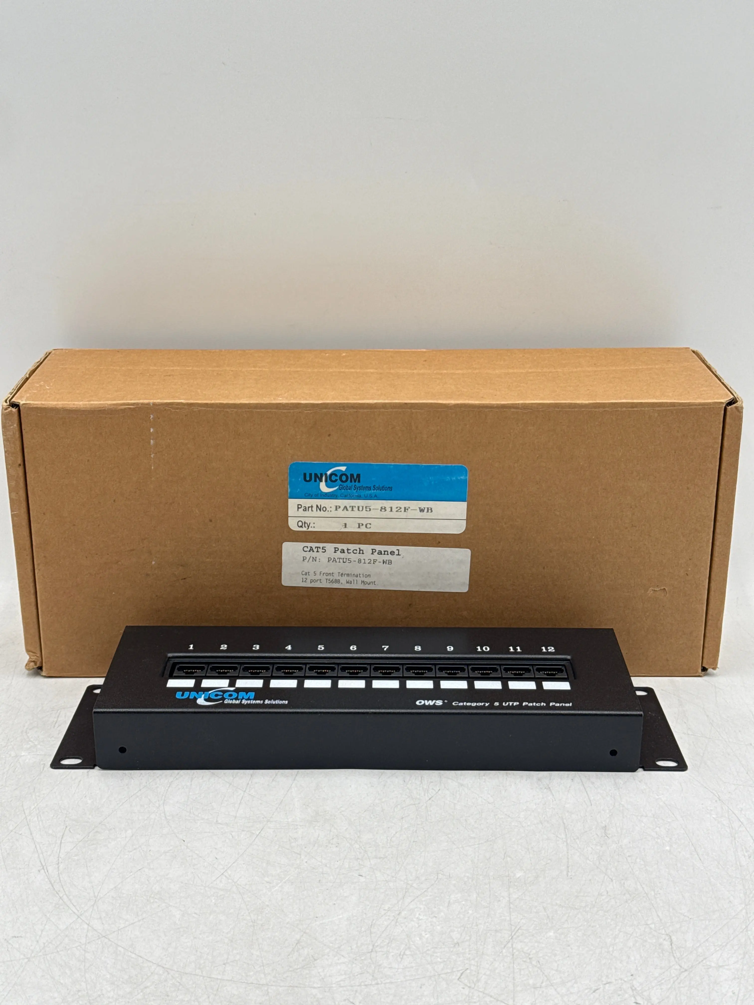 Unicom PATU5-812F-WB 12-Port Cat5e Wall Mount Patch Panel RJ45 – New Open Box