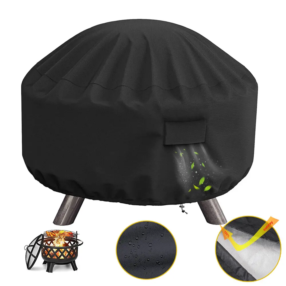 30” Waterproof Round Fire Pit Cover - Heavy-Duty Polyester Fibre Outdoor Protection Dust Cover with Drawstring for Fire Bowls, Kettles, Grills, Patio Garden Fireplaces, Black