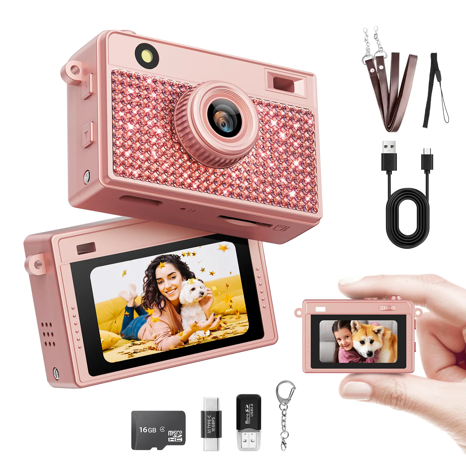HOTU Bling Diamond Mini Keychain Camera – 5MP Y2K Pocket Digital Camera with 1.47" Screen & Flash, Cute Diamond Rhinestone Vlog Camera with 16GB Card, Retro Mini Camera for Travel, Concerts, Kids & Aesthetic Gifts