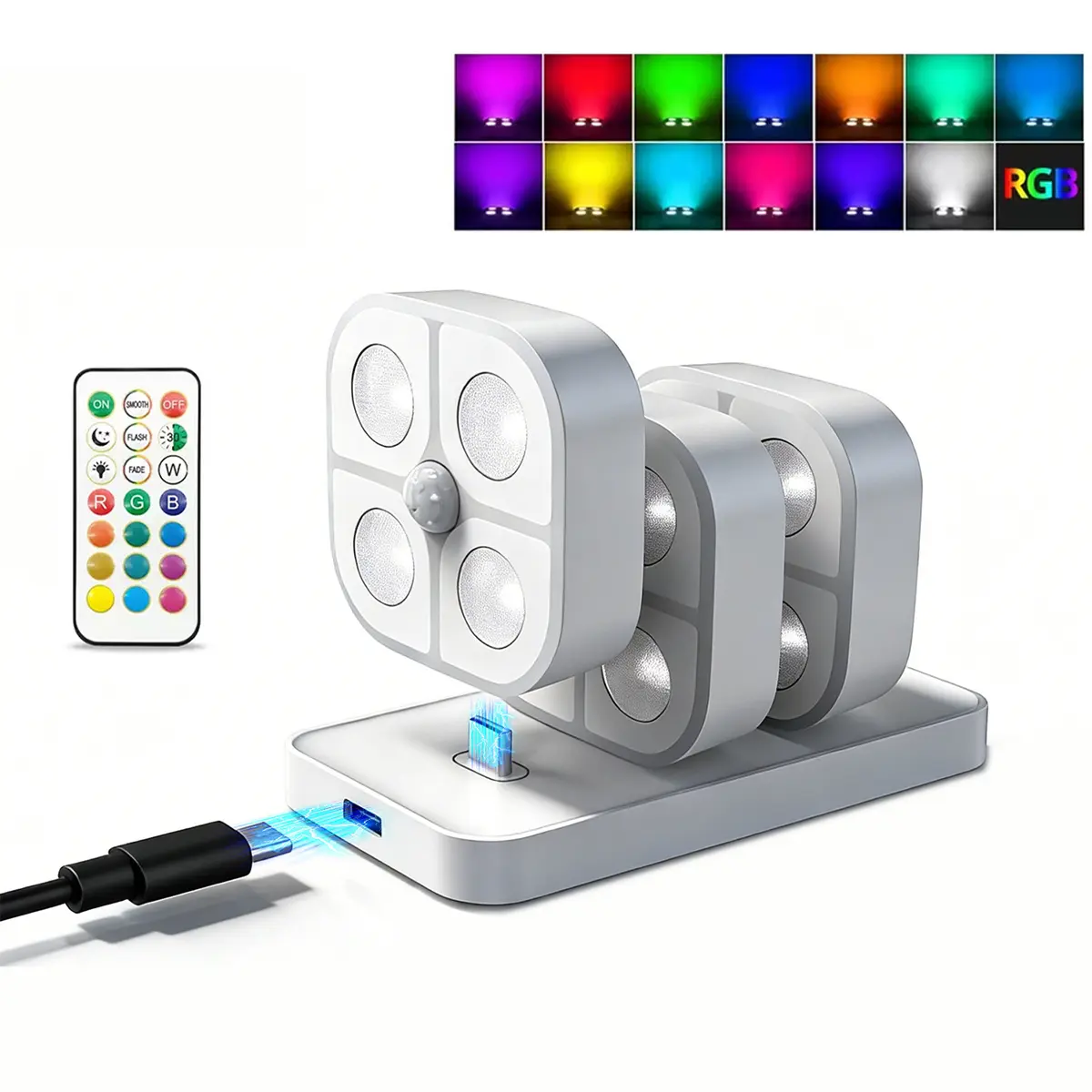 3-Pack Compact Round LED Motion Sensor Rechargeable Indoor Lights - Under-Cabinet Fixtures with Charging Dock, Remote, 13 RGB Colors, Magnetic Mount, Metal Base, Type-C Charger, Ideal for Kitchens, Closets, Indoor Use