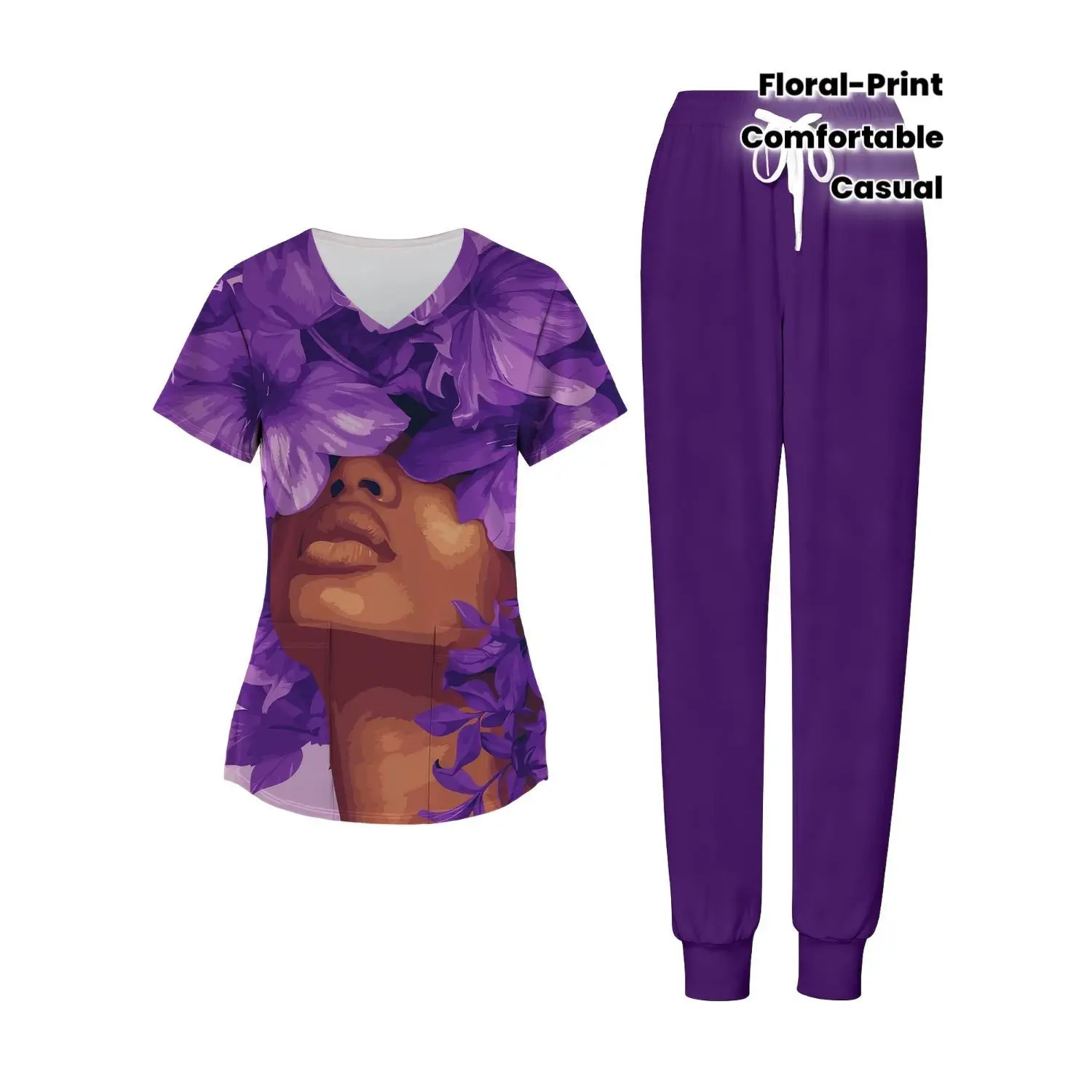 Purple Floral V-Neck Women's Scrub Set with Pockets - Comfortable, Professional Workwear for Healthcare Workers