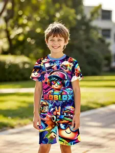 3D Roblox Game Character Full-Print Set, Boys Trendy Two-Piece Shorts, Quick-Dry Skin-Friendly Summer Wear, Casual Outdoor Sports Birthday Gift, Summer Clothing Set, Fitted Set, Graphic Print Set, Combined Set