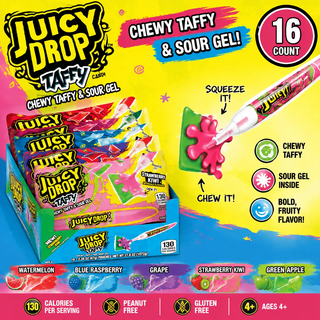 Topps Juicy Drop Taffy & Sour Gel Pen 2.36 oz 16 Count  Chewy Candy with Sour Gel | Fun Interactive Candy Treats