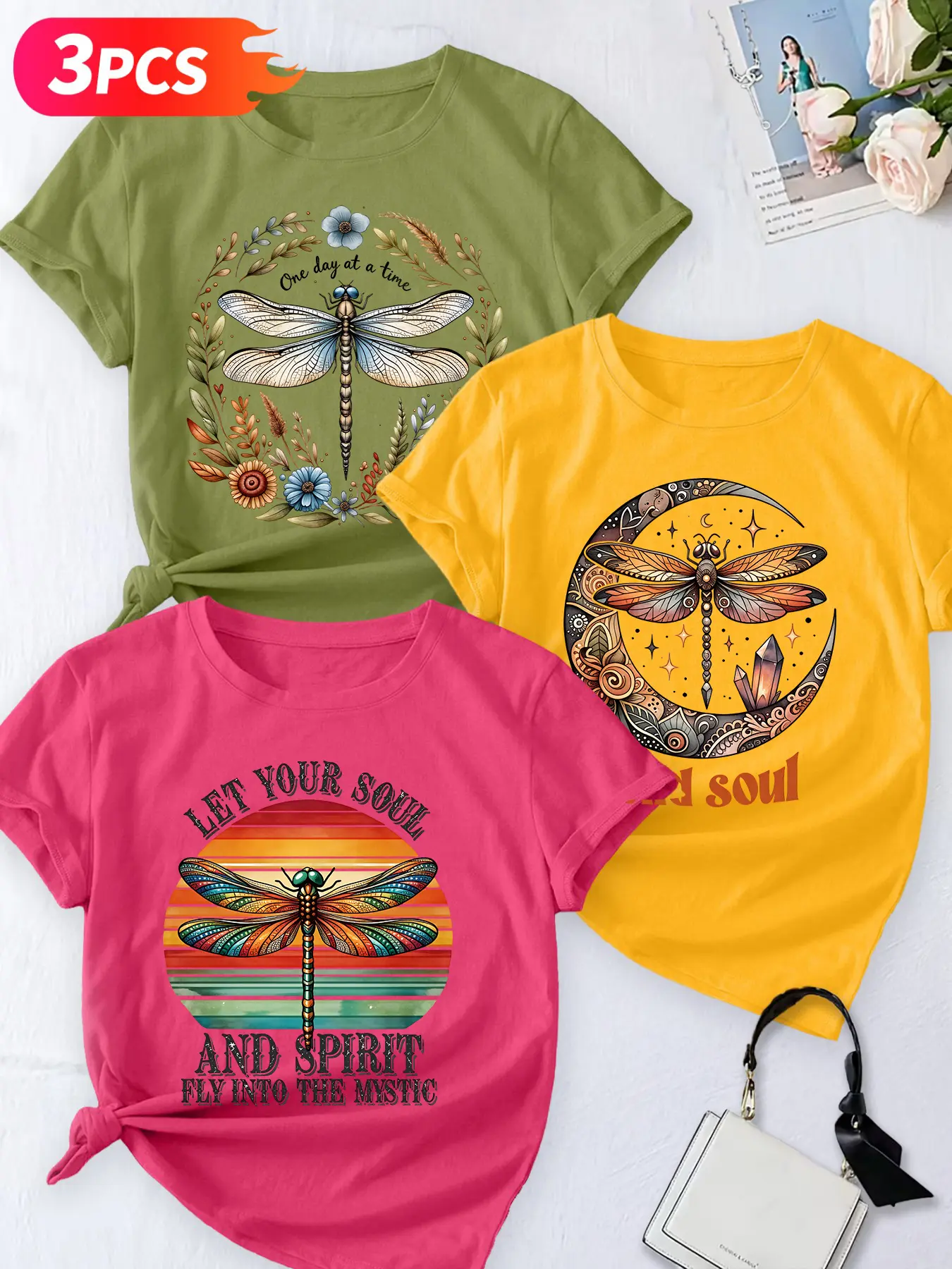 Women's 3-Pack Casual Short Sleeve Crew Neck T-Shirt, Round Neck, Dragonfly Retro Quote Print, Multiple Colors, Machine Washable, Spring & Summer Top, Soft Skin-Friendly Fabric, Daily Wear, Fashion Design, Lady