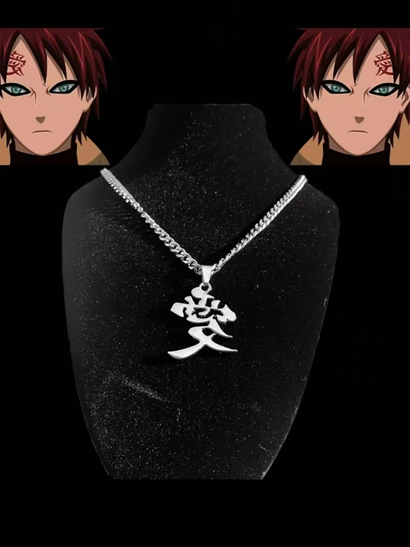 Anime Kanji Stainless Steel Necklace, Punk Style Chain, Gaara Love Symbol Charm, Japanese Streetwear Jewelry for Naruto Fans, Trendy Charms Necklace