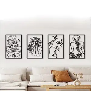 Set of 4 minimalist metal wall art pieces with abstract female figure drawings. Perfect for bedrooms, bathrooms, and living rooms, they add a sleek touch to black - themed home decor. Modern Home Decor Wall Sculptures Decoration