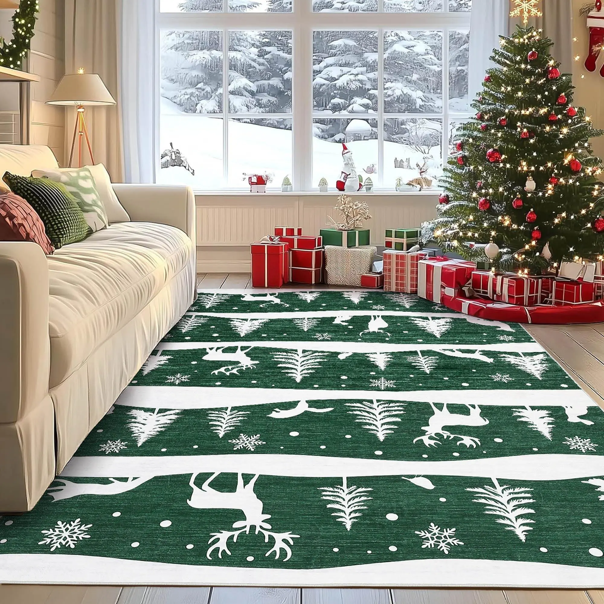 Green 9x12 Indoor Non-Slip Decorative Rug Mat - Soft Low-Pile Machine Washable Christmas Rug with Xmas Tree, Reindeer, Snowflake for Kitchen, Entryway, Machine Washable Rugs