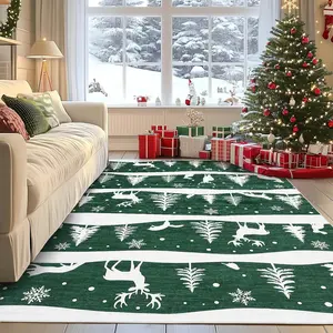 Green 9x12 Runner Rug,Indoor Non Slip Carpet,Soft Low Pile Christmas Rugs with Xmas Tree Reindeer Snowflake for Kitchen,Entryway,Living Room,Bedroom