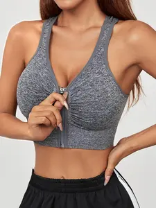 Women's Solid Zipper Front Gym Sports Bra, High Stretch Yoga Bra, Ladies Sportswear for Indoor Outdoor Wear, Activewear