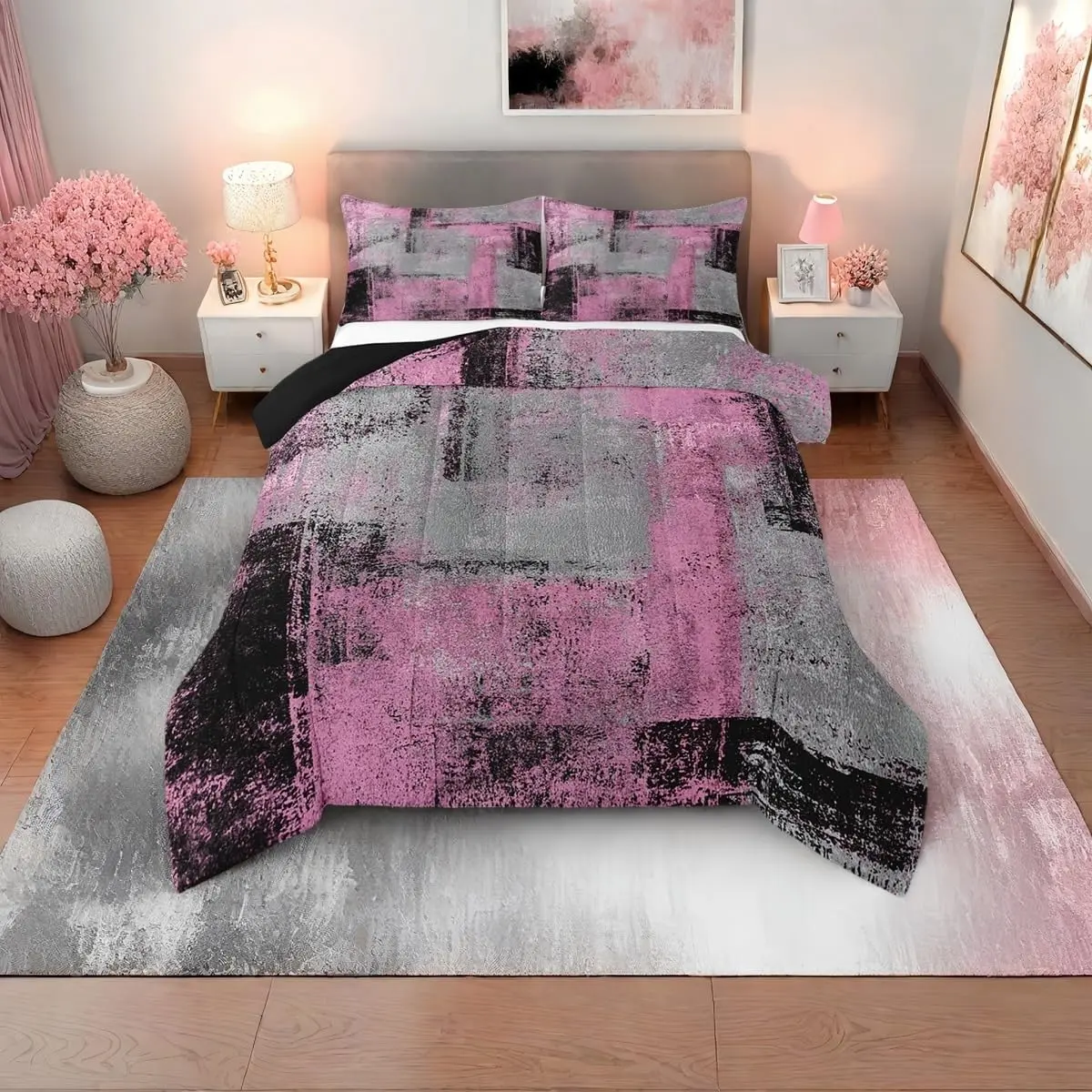 Feelyou Pink & Grey Watercolor Ombre Tie-Dyed Comforter Set - Black Grunge Abstract Bedroom Bedding, Unique Microfiber Queen Size, Machine Washable Duvet for Girls, Bedroom Bedding Set, Microfiber Bed Set