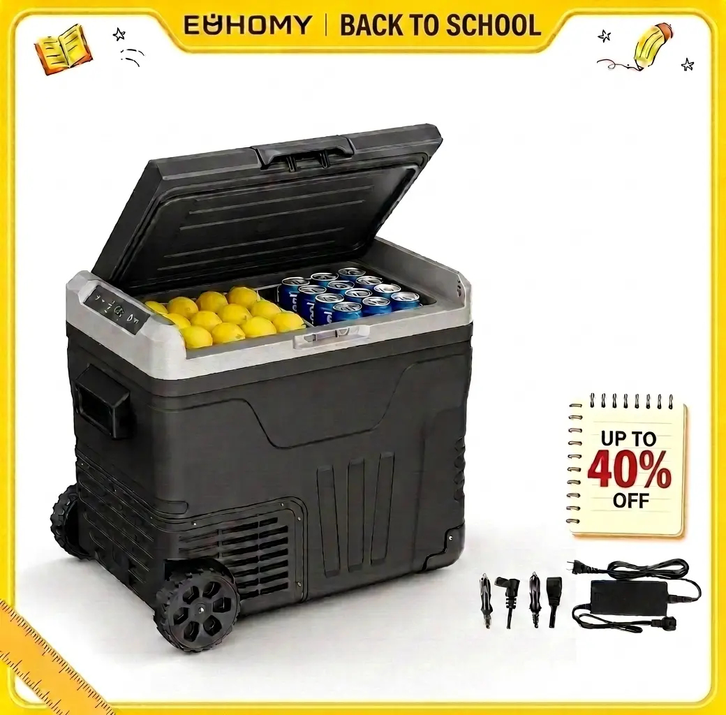 【Back To School】EUHOMY 12V Refrigerator (24/37/53Quart /23L/35L/50L) supports 12V/24V DC & 110-240V AC. Portable with -4°F~68°F range, it features wheels, 2 baskets, and large cooling zone. Ideal for ,travel, Truck,  Cooler Carry Handl