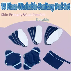 15pcs Maternity Sanitary Pads - Navy Blue, Washable & Reusable, Highly Absorbent, Ideal for Postpartum Care, Travel & School, Feminine Hygiene Essentials|Vibrant Design|Reusable Napkin
