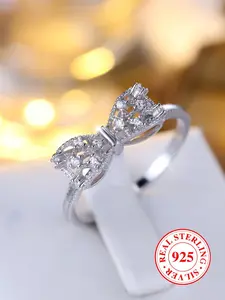 S925 Sterling Silver Cute Bowknot Design Ring, Fashion Rhinestones Decor Elegant Engagement Ring for Women & Girls, Trendy All-match & Exquisite Jewelry for Gift