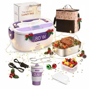 Electric Heated Lunch Boxes Adults: 80W Electric Lunch Box Food Heated 12/24/110V 1.5L Heatable Lunch Box for Car/Truck/Office Leak-Proof Stainless Steel Container, Fork & Spoon, Bag,Travel cup