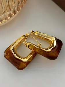 ✨Vintage Amber Tortoise Shell Square Hoop Earrings, 18K Gold Plated Retro Resin Hoops, Lightweight Statement Jewelry for Women
