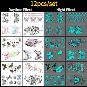 12pcs/set Blue Glow-In-The-Dark Butterfly Tattoo Stickers, Waterproof Temporary Tattoos, Body Art for Women, Music Festival Special