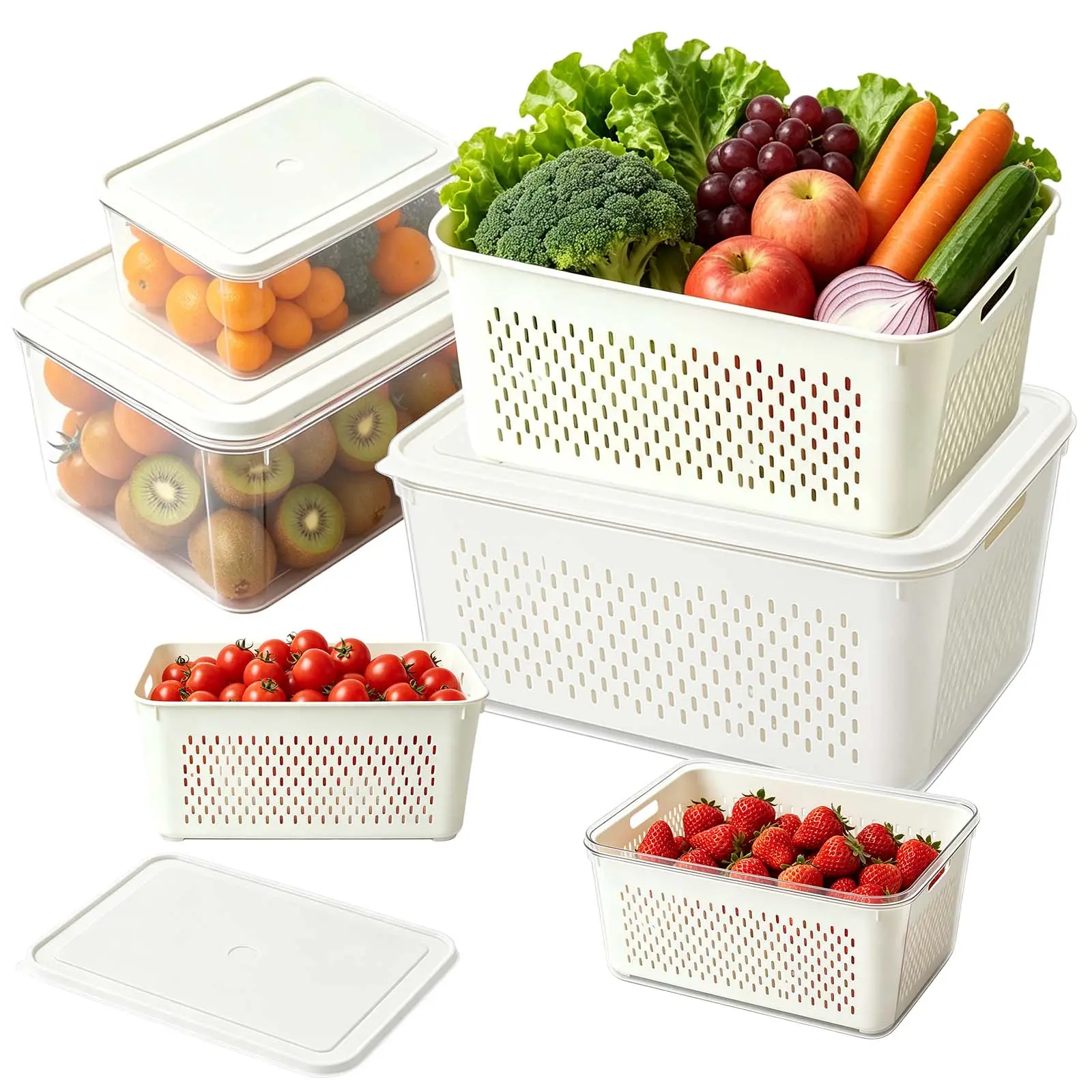 4-Pack Large Airtight Insulated Assorted Pack Food Containers (4 Sizes, 3.5L), BPA-Free Camping Dustproof Leakproof Produce Bins with Removable Colander, Water Draining Rinse Basket, Microwave & Dishwasher Safe Kitchen Utensils