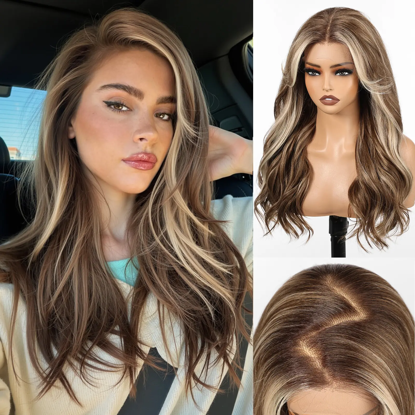 HAIRCUBE 13x6 Lace Front Wig 22 Inch Wave Wig Brown Highlight Synthetic Hair for Women Daily Use