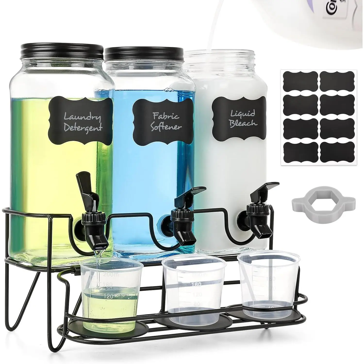 Laundry Detergent Dispenser, 3 Pack 2L Liquid Laundry Detergent Dispenser with Stand, Measuring Cup, Glass Detergent Dispenser for Laundry Room Organization