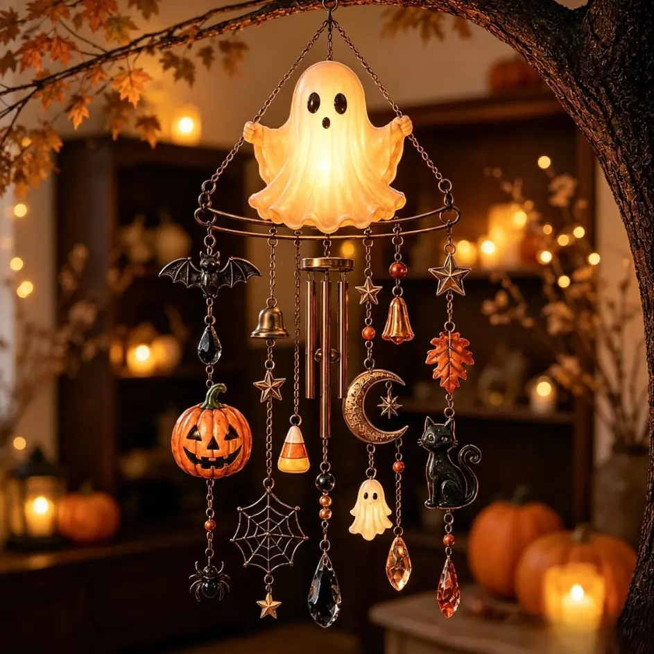 Halloween Suncatcher Hanging Wind Chime with Crystal Prisms,Spooky Stained Glass Effect Window Ornament for Indoor Outdoor Home Party Decor Halloween Window Hanging, Stained Glass Style Suncatcher, Witch Ghost Bat Cat Crystal Wind Chime, Spooky Decor Gift