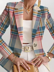 Women's Fall Outdoor Striped Plaid Geometric Print Blazer Jacket, Casual Fitted Regular Length, Digital Print, Spring & Fall