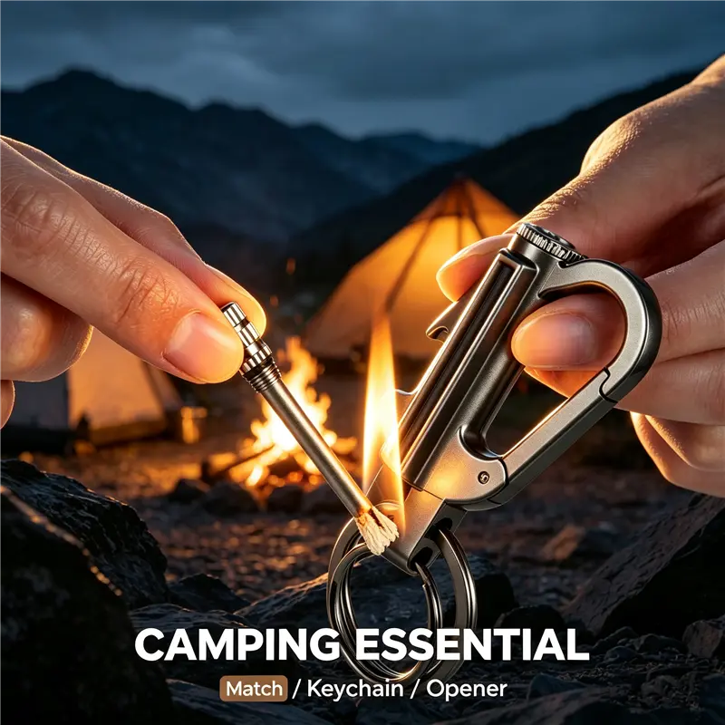 3 In 1 Multifunctional Reusable Fire Match Windproof Survival Keychain For Camping Hiking， Metal Gift for Men, Fuel Not Included