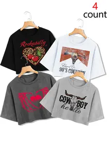 Women's Summer 4-Pack Western Casual Style Streetwear Short Cropped Print T-Shirts Tops, Rockabilly Cherry Leopard, Cowboy Bull, Skull Heart, Soft Breathable Fabric
