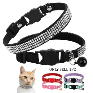 Soft Pink Suede Leather Cat Collar - Bling Rhinestone Design with Bell Included, Safety Breakaway & Adjustable Fit XS/S for Cats & Puppies